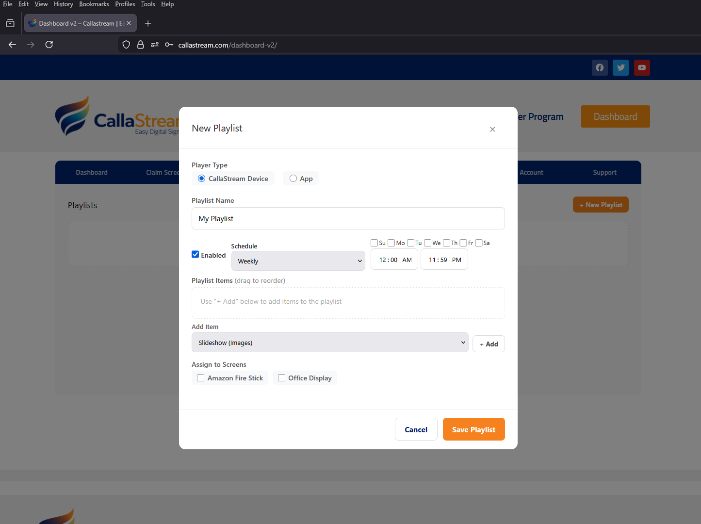CallaStream Playlist Maker dashboard