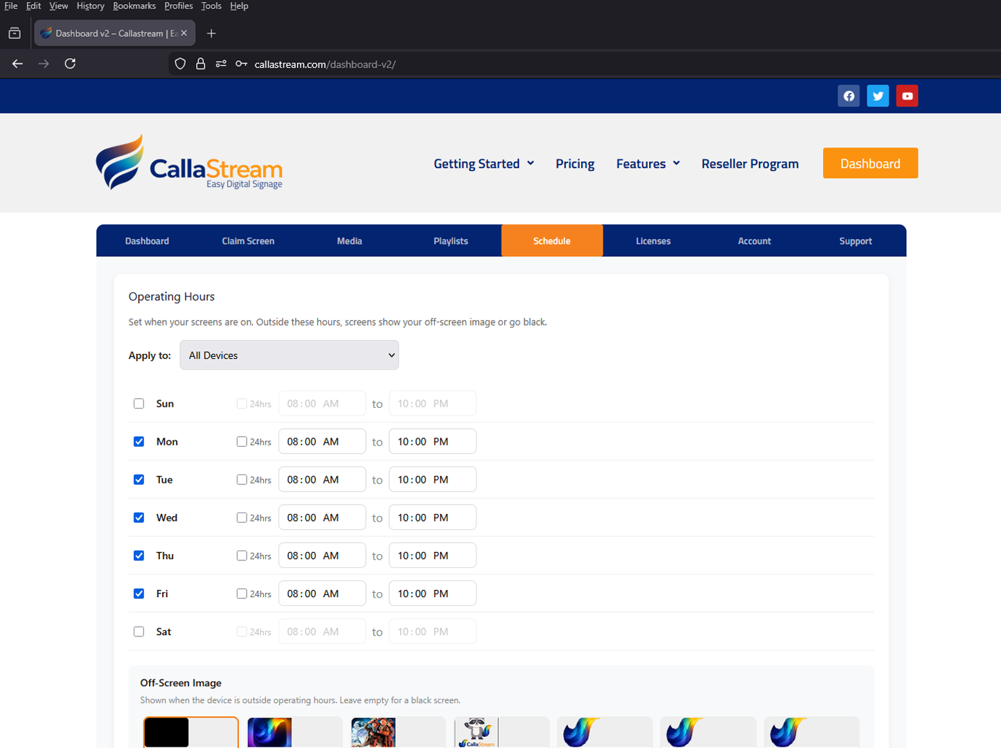 CallaStream Scheduler operating hours dashboard