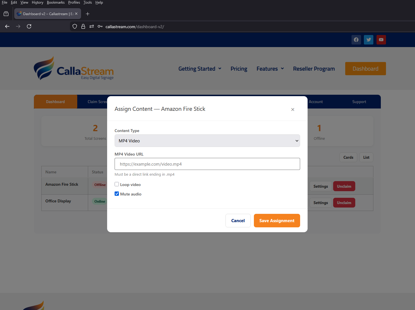 Video playing on screen via CallaStream