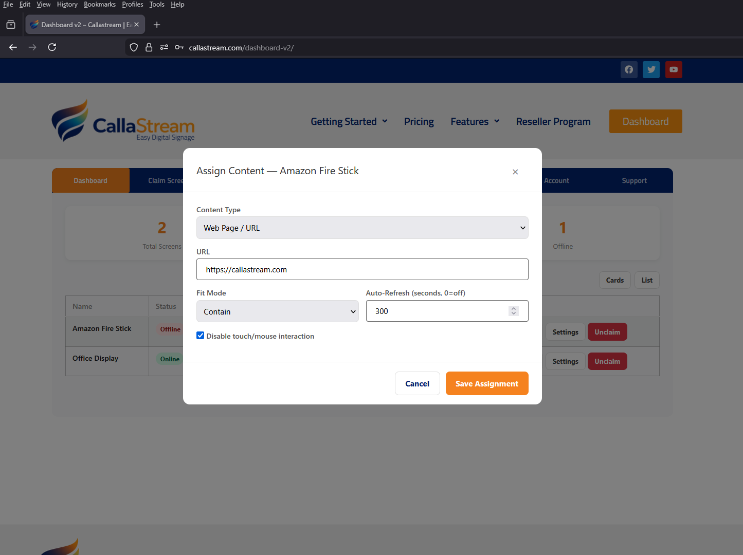 Assign a webpage URL in CallaStream dashboard